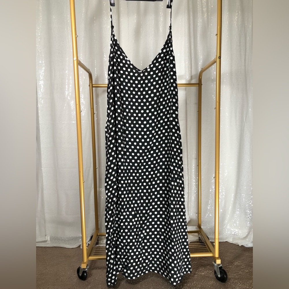 Vintage 90s/Y2K Anself Black and White Polka Dot Halter Midi Dress Size 4XL